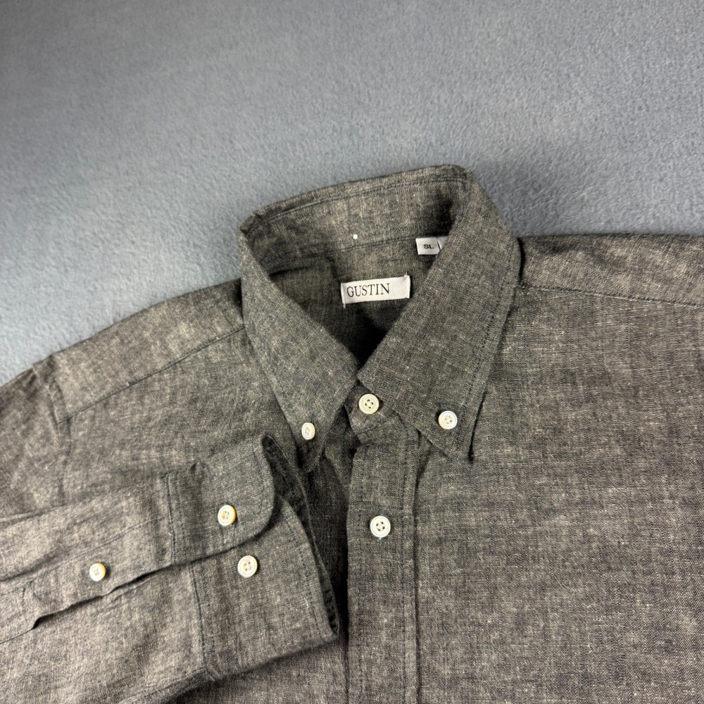 Gustin Oxford Shirt Men's L Gray Linen Blend Selvedge USA Made OCBD Japan